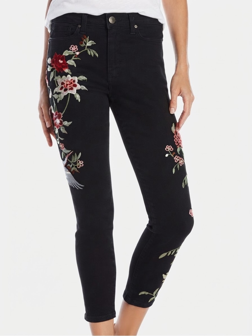 Nanette Lepore| Black Denim Green Red Floral Embroidered Crop Skinny Jeans Sz 4